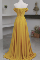 Yellow Chiffon Long A-Line Corset Prom Dress, Simple Yellow Evening Dress with Slit Gowns, Evening Dress Vintage