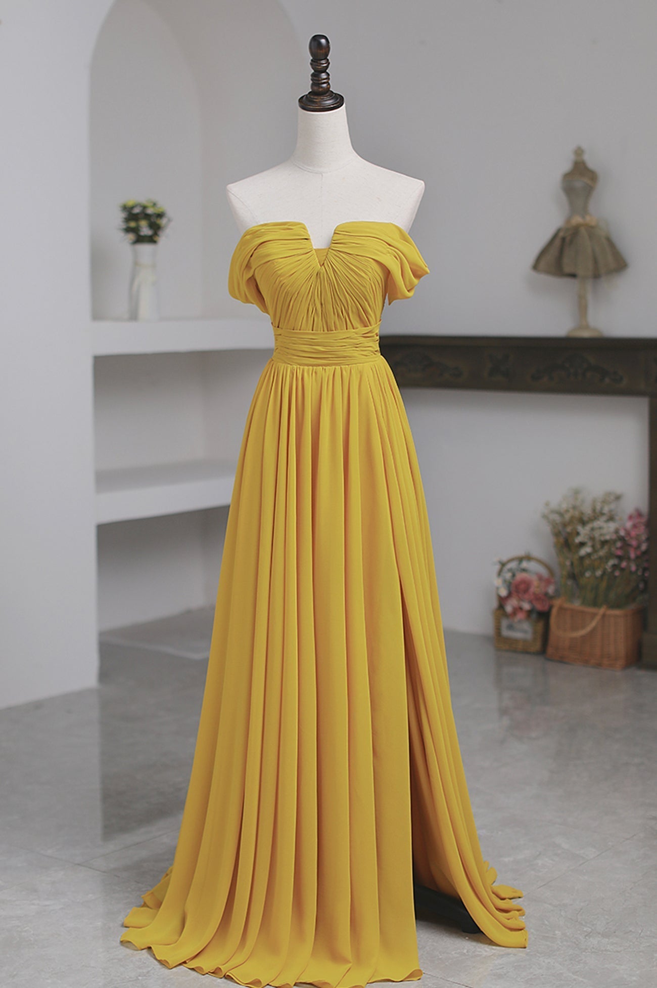 Yellow Chiffon Long A-Line Corset Prom Dress, Simple Yellow Evening Dress with Slit Gowns, Evening Dresses Green