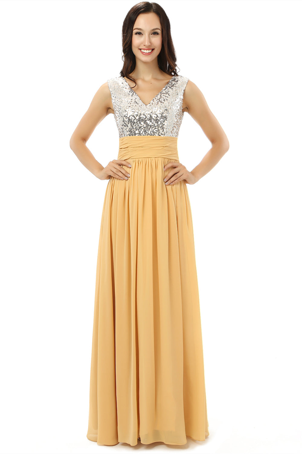 Yellow Chiffon Silver Sequins V-neck Backless Corset Bridesmaid Dresses outfit, Party Dress Styles