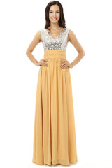 Yellow Chiffon Silver Sequins V-neck Backless Corset Bridesmaid Dresses outfit, Party Dress Styles