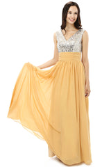 Yellow Chiffon Silver Sequins V-neck Backless Corset Bridesmaid Dresses outfit, Party Dresses Ladies