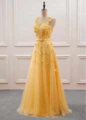 Yellow Flowers Tulle Long New Corset Prom Dress, A-line Party Dress Outfits, Formal Dresses Elegant