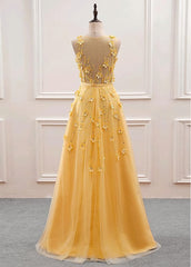 Yellow Flowers Tulle Long New Corset Prom Dress, A-line Party Dress Outfits, Formal Dress Online