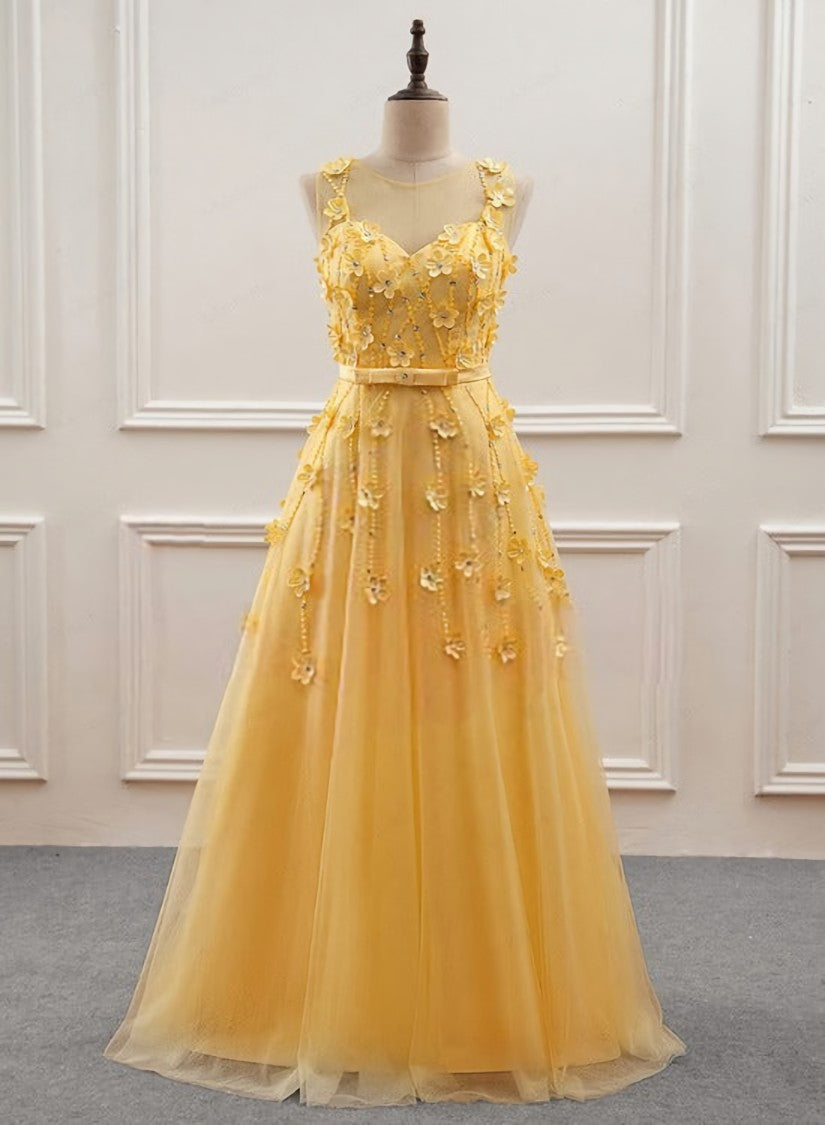 Yellow Flowers Tulle Long New Corset Prom Dress, A-line Party Dress Outfits, Formal Dress Gown