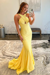 Yellow Halter Mermaid Corset Prom Dress outfits, Yellow Halter Mermaid Prom Dress