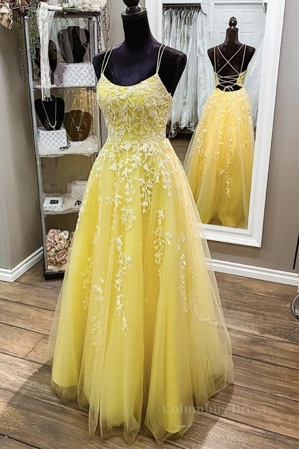 Yellow Lace Backless A Line Long Corset Prom Dress Open Back Corset Formal Dress Yellow Evening Dress outfit, Party Dress Purple