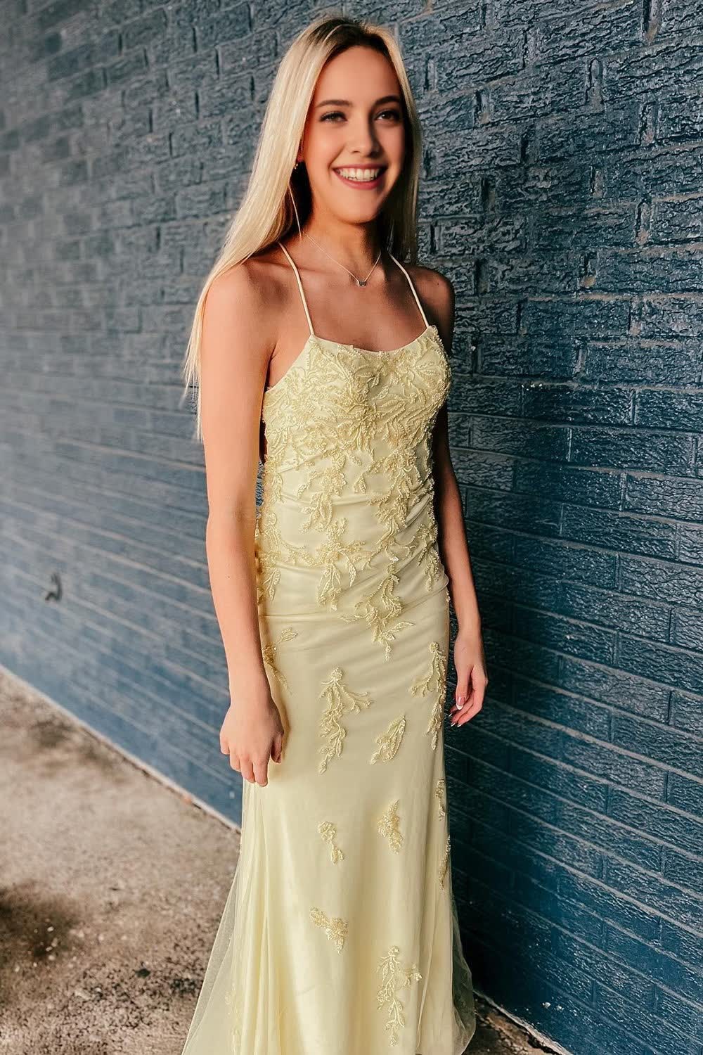 Yellow Lace-Up Mermaid Corset Prom Dress with Appliques Gowns, Yellow Lace-Up Mermaid Prom Dress with Appliques