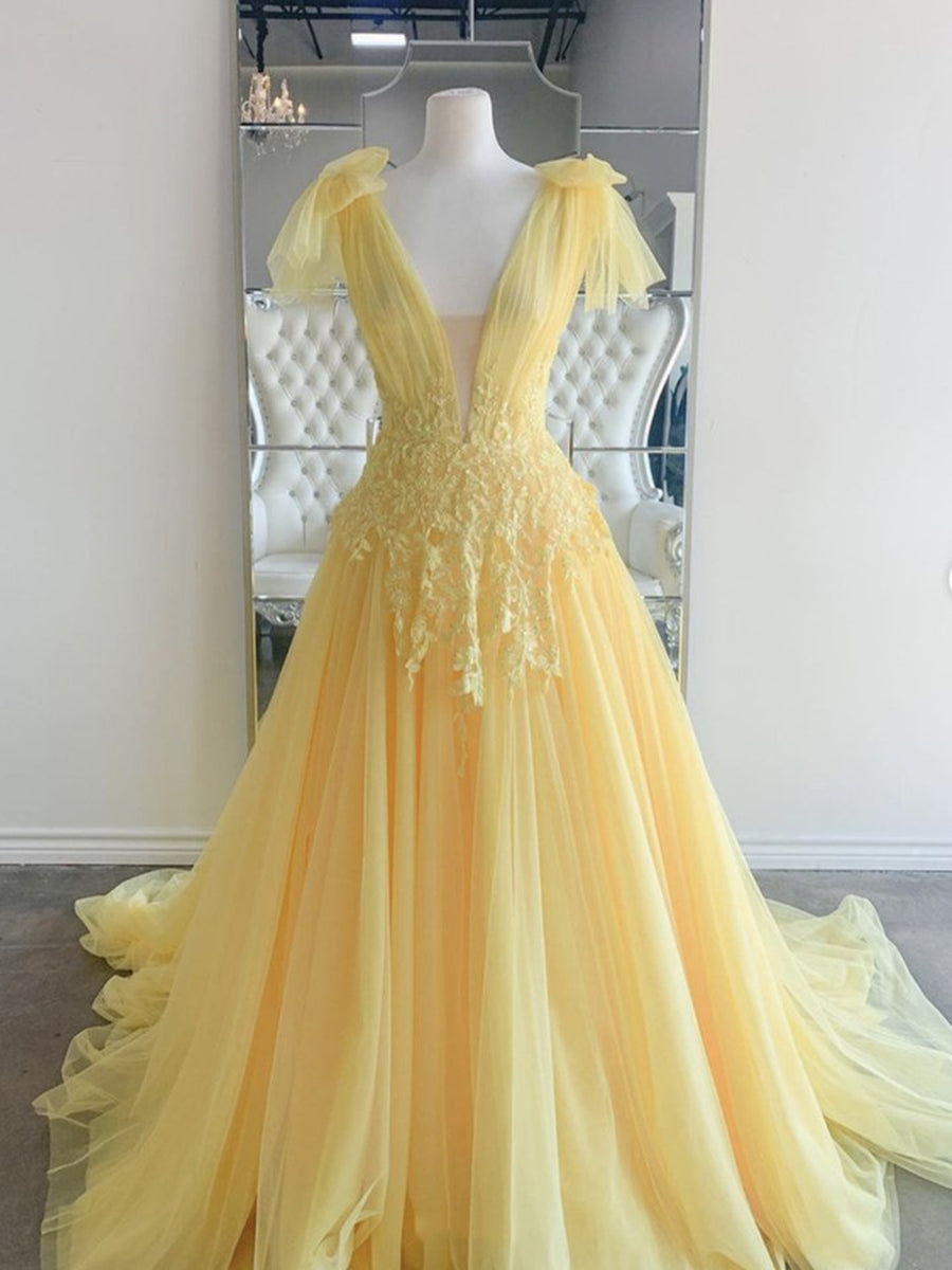 Yellow Long A-line V Neck Lace Tulle Backless Corset Formal Graduation Corset Prom Dresses outfit, Winter Dress