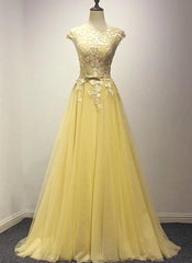 Yellow Long Corset Prom Dress, A-line Round Neckline Corset Formal Dress outfit, Formal Dresses Winter