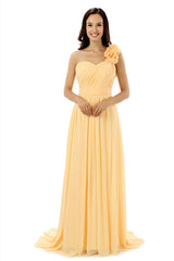 Yellow One Shoulder Chiffon With Pleats Flower Corset Bridesmaid Dresses outfit, Wedding Pictures Ideas