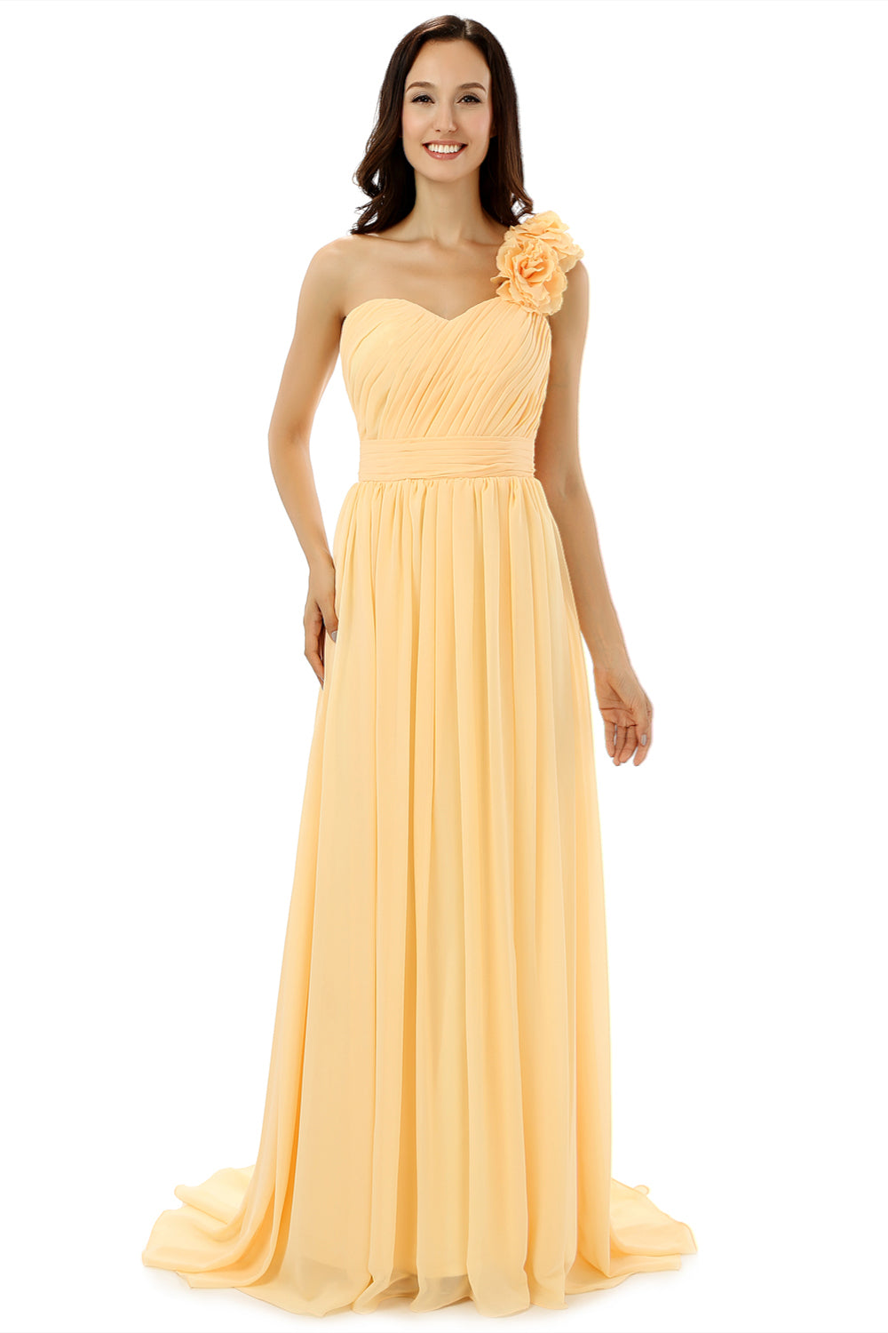 Yellow One Shoulder Chiffon With Pleats Flower Corset Bridesmaid Dresses outfit, Elegant Wedding