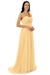 Yellow One Shoulder Chiffon With Pleats Flower Corset Bridesmaid Dresses outfit, Beach Wedding Guest Dress