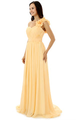 Yellow One Shoulder Chiffon With Pleats Flower Corset Bridesmaid Dresses outfit, Indian Wedding Dress