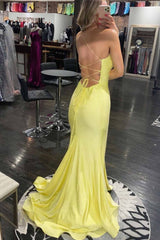 Yellow One Shoulder Sequins Mermaid Corset Prom Dress with Slit Gowns, Yellow One Shoulder Sequins Mermaid Prom Dress with Slit