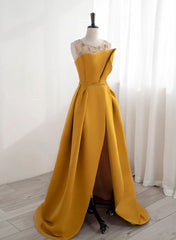 Yellow Satin Beaded Long Corset Prom Dress with Leg Slit, Yellow A-line Party Dress Outfits, Evening Dress Long