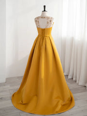 Yellow Satin Beaded Long Corset Prom Dress with Leg Slit, Yellow A-line Party Dress Outfits, Club Dress