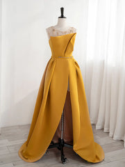 Yellow Satin Beaded Long Corset Prom Dress with Leg Slit, Yellow A-line Party Dress Outfits, Cute Dress Outfit