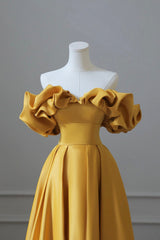 Yellow Satin Long Corset Prom Dress, Simple Off Shoulder Evening Party Dress Outfits, Bridesmaid Dresses Yellow