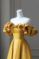 Yellow Satin Long Corset Prom Dress, Simple Off Shoulder Evening Party Dress Outfits, Bridesmaid Dresses Floral