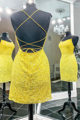 Yellow Sequins Backless Short Corset Homecoming Dress outfit, Yellow Sequins Backless Short Homecoming Dress