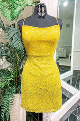Yellow Sequins Backless Short Corset Homecoming Dress outfit, Yellow Sequins Backless Short Homecoming Dress