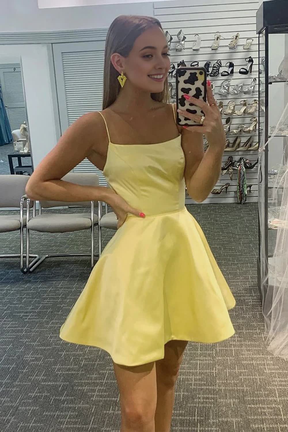 Yellow Simple A Line Corset Homecoming Dress outfit, Yellow Simple A Line Homecoming Dress