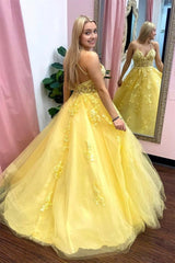 Yellow Spaghetti Straps Corset Prom Gown outfits, Yellow Spaghetti Straps Prom Gown