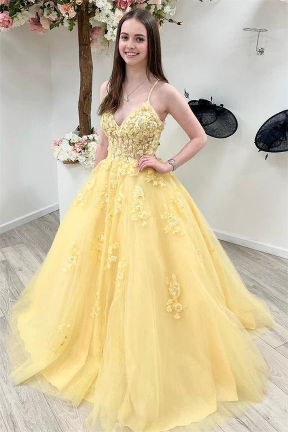 Yellow Spaghetti Straps Corset Prom Gown outfits, Yellow Spaghetti Straps Prom Gown
