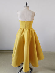 Yellow Sweetheart Neck Satin Tea Length Corset Prom Dress, Yellow Corset Formal Dress outfit, Champagne Prom Dress