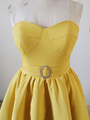 Yellow Sweetheart Neck Satin Tea Length Corset Prom Dress, Yellow Corset Formal Dress outfit, Blue Gown