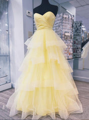 Yellow Sweetheart Tulle Long Corset Prom Dress With Layered Graduation Gown outfits, Prom Dresses Blue Long