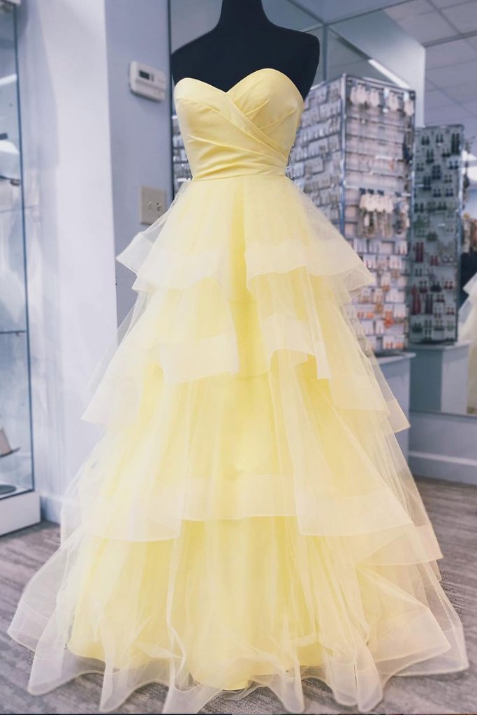 Yellow Sweetheart Tulle Long Corset Prom Dress With Layered Graduation Gown outfits, Prom Dress Blue Long