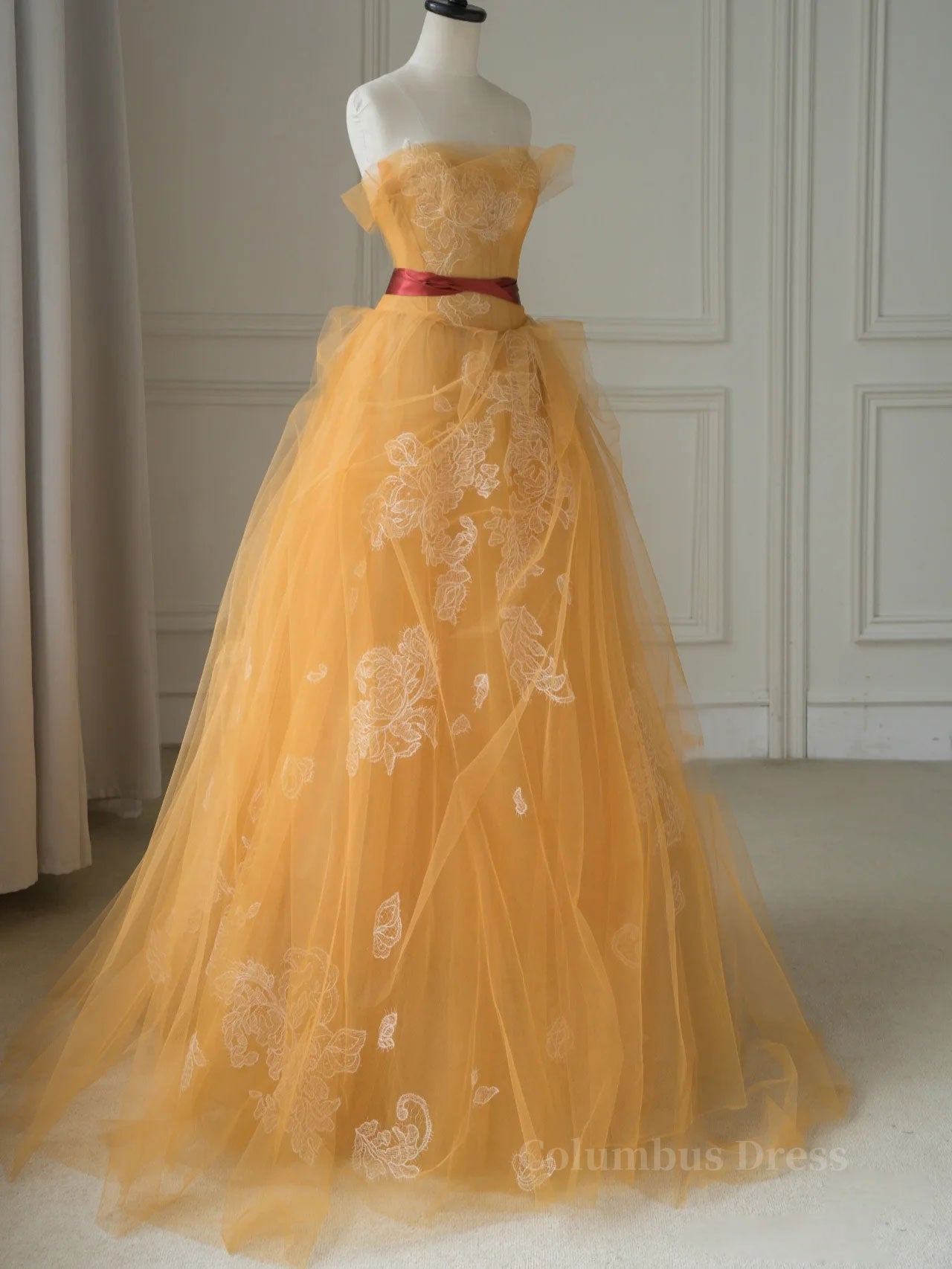 Yellow tulle lace long Corset Prom dress, yellow tulle Corset Formal dress outfit, Prom Dresse Princess