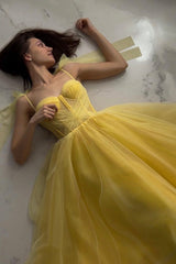 Yellow Tulle Long A-Line Evening Dress, Cute Spaghetti Strap Corset Prom Dress outfits, Prom Dress Green