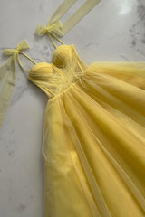Yellow Tulle Long A-Line Evening Dress, Cute Spaghetti Strap Corset Prom Dress outfits, Prom Dresses Open Backs