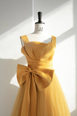 Yellow Tulle Long A-Line Corset Prom Dress, Cute Evening Dress with Bow outfit, Homecoming Dress Beautiful