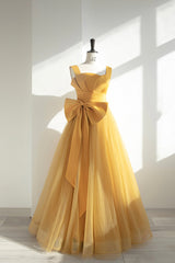 Yellow Tulle Long A-Line Corset Prom Dress, Cute Evening Dress with Bow outfit, Homecoming Dress Idea