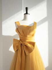 Yellow Tulle Long Party Dress with Bow, Yellow Corset Prom Dress Evening Gown outfits, Homecomming Dresses Blue