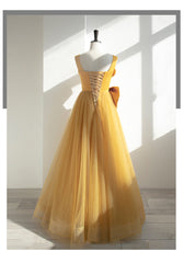 Yellow Tulle Long Party Dress with Bow, Yellow Corset Prom Dress Evening Gown outfits, Homecomeing Dresses Blue