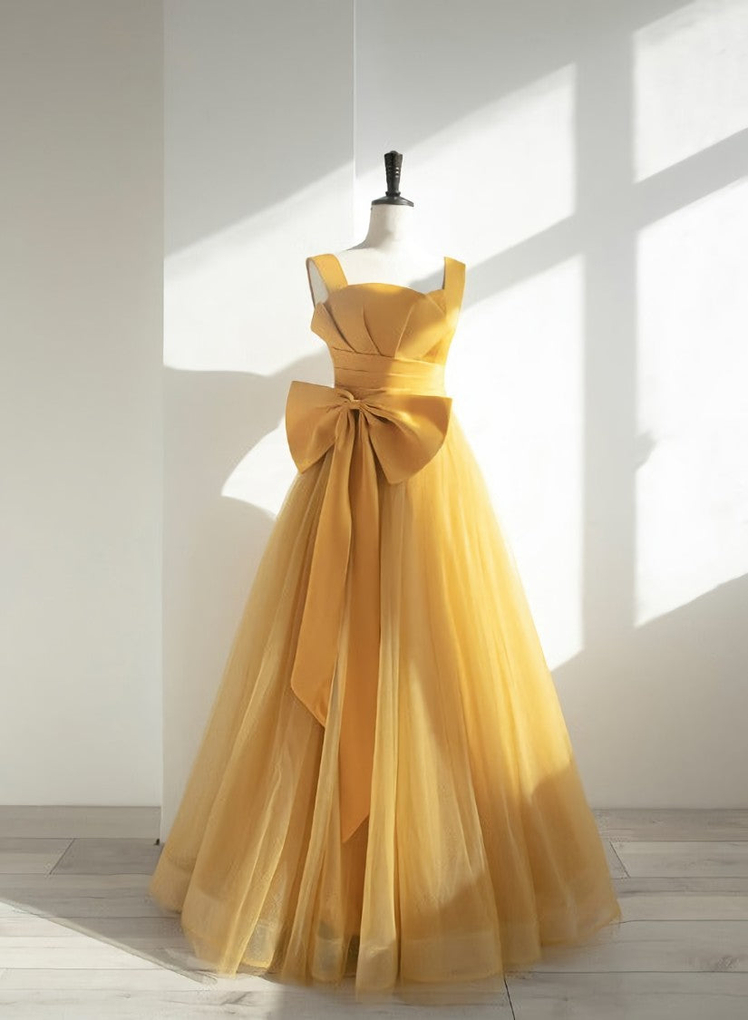 Yellow Tulle Long Party Dress with Bow, Yellow Corset Prom Dress Evening Gown outfits, Homecoming Dresses With Tulle