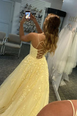 Yellow Tulle Corset Prom Dress with Appliques Gowns, Yellow Tulle Prom Dress with Appliques