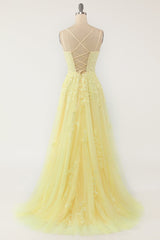Yellow Tulle Corset Prom Dress with Appliques Gowns, Yellow Tulle Prom Dress with Appliques