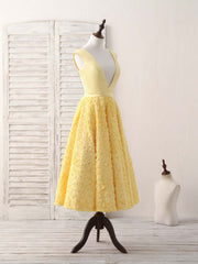 Yellow V Neck 3D Lace Tea Long Corset Prom Dress, Yellow Evening Dress outfit, Party Dress Large Size