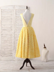 Yellow V Neck 3D Lace Tea Long Corset Prom Dress, Yellow Evening Dress outfit, Party Dress Bridal