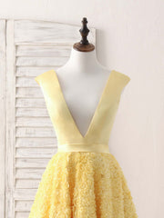 Yellow V Neck 3D Lace Tea Long Corset Prom Dress, Yellow Evening Dress outfit, Party Dresses For Short Ladies
