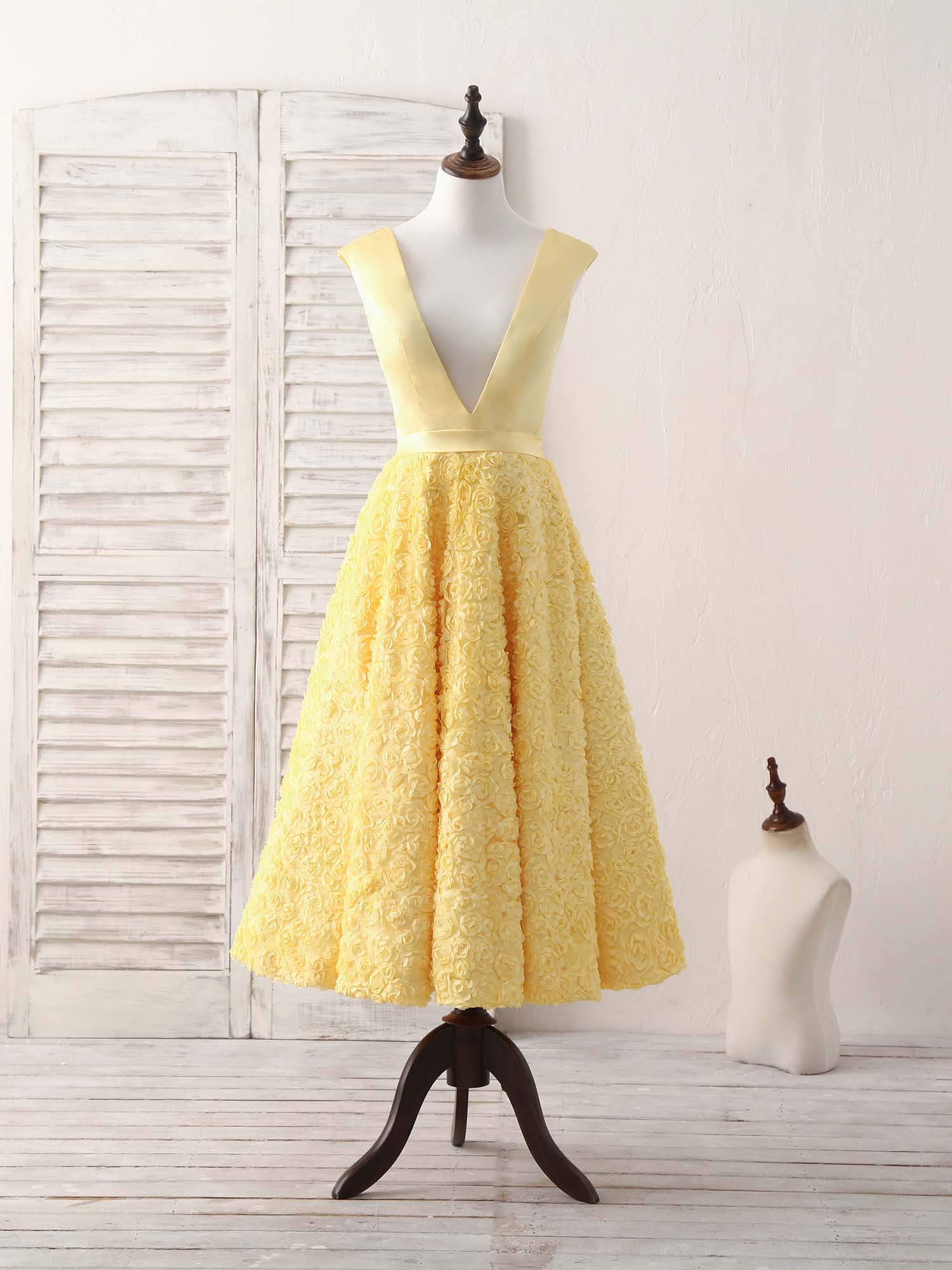 Yellow V Neck 3D Lace Tea Long Corset Prom Dress, Yellow Evening Dress outfit, Party Dress Black