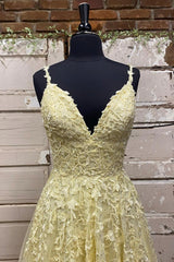 Yellow V-Neck Lace Long Corset Prom Dress, A-Line Spaghetti Straps Evening Dress outfit, Prom Dresses Under 110