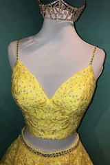 Yellow V-Neck Lace Long Corset Prom Dress, Two Pieces Evening Graduation Dress outfits, Floral Prom Dress