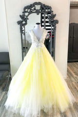 Yellow v neck tulle lace long Corset Prom dress yellow Corset Formal dress outfit, Homecoming Dresses Lace
