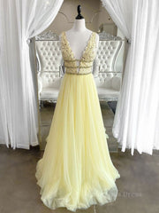 Yellow v neck tulle lace long Corset Prom dress, yellow tulle lace evening dress outfit, Prom Dress 2022